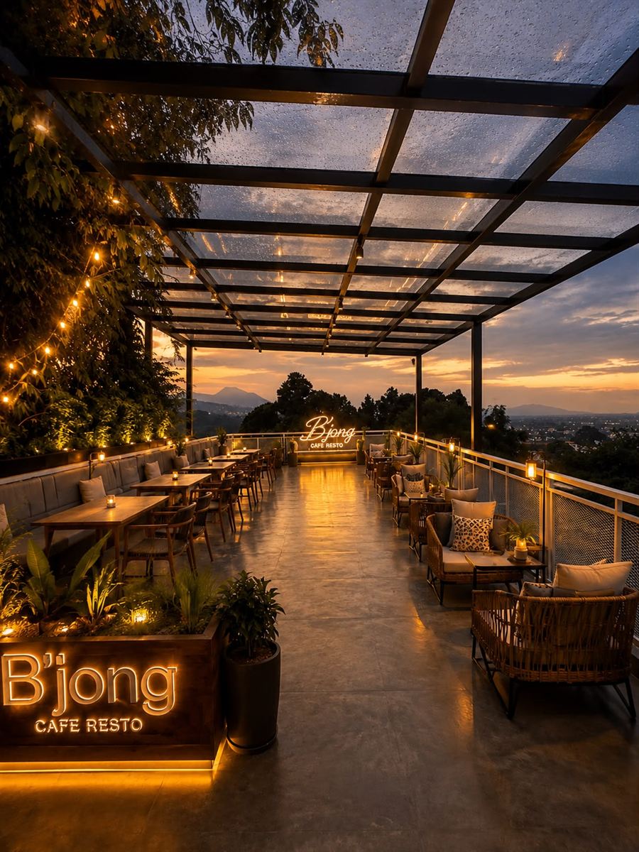 Rooftop cafe Bandung dengan view kota saat sunset di B'jong
