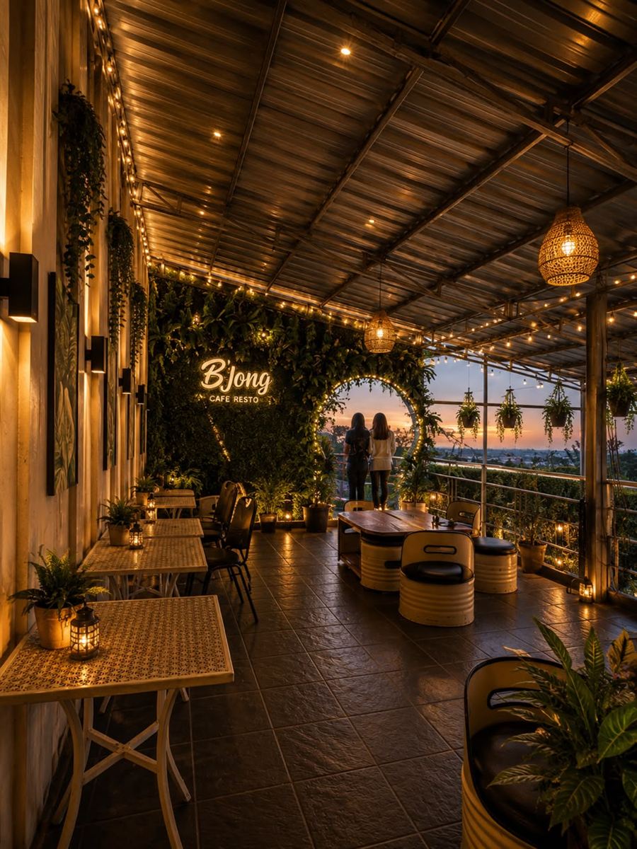 Rooftop cafe Bandung aesthetic dengan view kota di B'jong